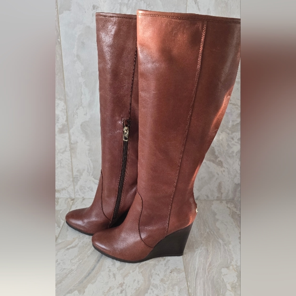 Coach Leather Chestnut Brown Tall Wedge Boots, size 9 US/39.5 EU - Picture 4 of 12